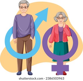 Vector cartoon illustration of elderly couple with gender symbol