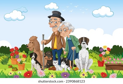 Vector cartoon illustration of elderly couple surrounded by dogs in a flower garden