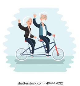 Vector cartoon illustration of elderly couple riding a bicycle