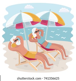 Vector cartoon illustration of Elderly couple relaxing in their deck chairs under sun umbrella on the seacoast beach. Taking sunbath