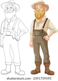 Vector cartoon illustration of an elderly farmer with a beard and mustache