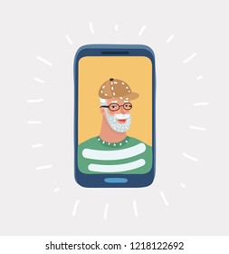 Vector cartoon illustration of Elderly man on phone and smiling. Talking on phone. Male face with glasses are laughing happily. Daily life with use of communication tools. Business during retirement.