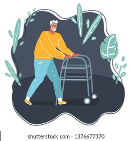 Vector cartoon illustration of Elderly man walking with walker on dark background.