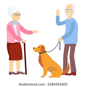 Vector cartoon illustration of elderly man with a dog and woman with walking cane met on a walk. Grandparents couple characters say hello. Couple at the meeting.