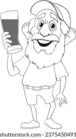 Vector cartoon illustration of an elderly man enjoying a pint of beer