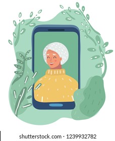 Vector cartoon illustration of elderly woman on the phone screen sent. Old people using telephone and internet. Famale character face.