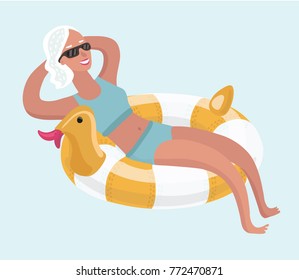 Vector cartoon illustration of elderly woman relaxing take sunbath, sitting in sun chairs under beach umbrella.