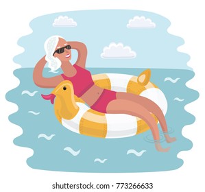 Vector cartoon illustration of elderly woman relaxing take sunbath on rubber ring, floating on water waves. Tacking rest on bech resort.