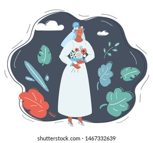 Vector cartoon illustration of Elegant bride with a bouquet in a wedding dress. Human character on dark backgound.