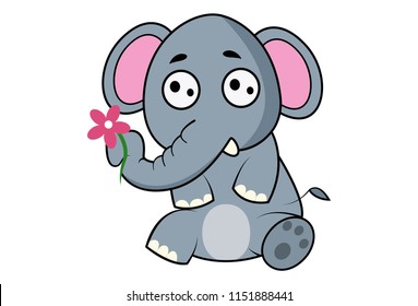 Vector cartoon illustration of elephant with flower. Isolated on white background. 