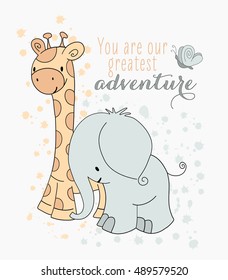 Vector cartoon illustration of elephant and giraffe for children nursery