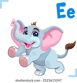 Vector cartoon illustration of an elephant with letter "E" - design for English alphabet for children. Collection of cute animals and letters.