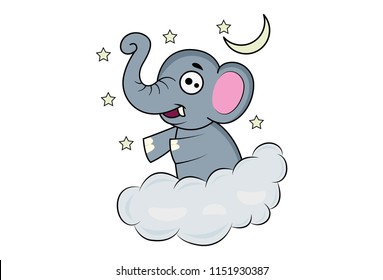 Vector cartoon illustration of elephant on cloud .Isolated on white background.
