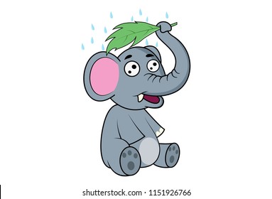 Vector cartoon illustration. Elephant is saving own in rain through leaf. 
Isolated on white background.