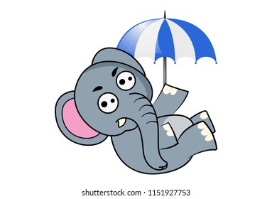 Vector cartoon illustration of elephant with umbrella. Isolated on white background.