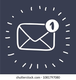 Vector cartoon illustration of email icon with unread message. Black and white outline modern concept on dark background.