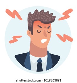 Vector cartoon illustration of Emotion avatar angry man in rage, lightnings of wrath around. Avatar, emotions face, feelings and emotional intelligence, expression, character man, stress, businessman.