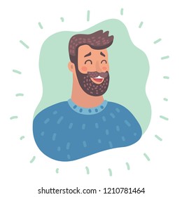 Vector cartoon illustration of Emotion avatar man happy successful face close up view. Emotional of smiling male with open mouth. Expression of laughing character in good mood enjoying life.