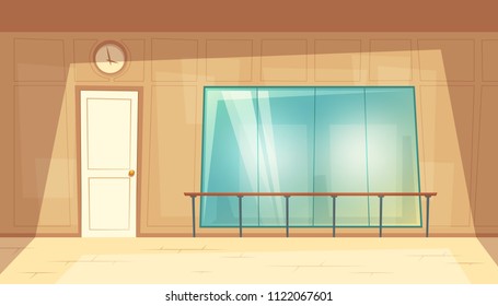 Vector cartoon illustration of empty dance-hall with mirrors and wooden floor. Rehearsal room for ballet lessons with wall handrails. Gym, class for fitness trainings or yoga, blank interior inside