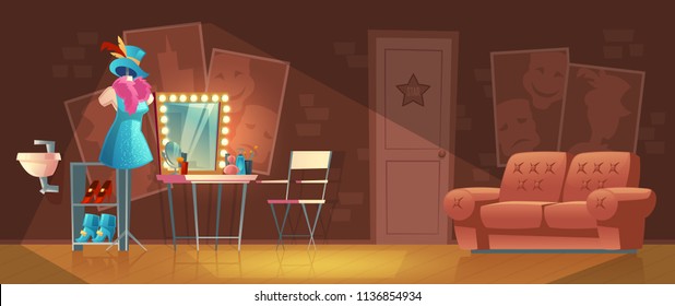 Vector cartoon illustration of empty dressing room, wardrobe with furniture, dresser with makeup mirror, stand with stage costume. Interior of circus or theater cloakroom for artist to change clothes