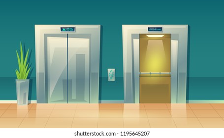 Vector Cartoon Illustration Of Empty Hallway With Elevators - Closed Doors And Open. Modern Interior Of Skyscraper, Building. Metallic Grey Lift, Steel Frame. Tile Floor In Vestibule.