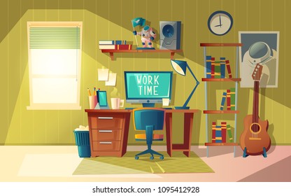 Vector cartoon illustration of empty home office, modern interior with furniture. Computer, books and coffee cup on table. Workplace concept, cozy room for freelance job or education