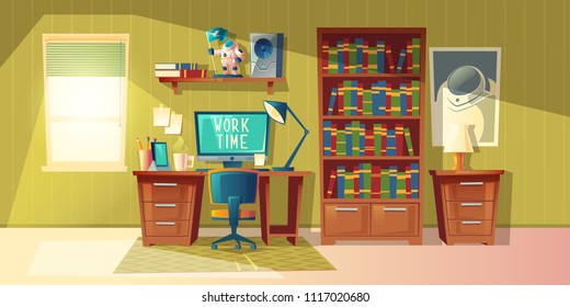 Vector cartoon illustration of empty home office with bookcase, modern interior with furniture. Computer, lamp on table. Work time concept, cozy room for freelance job or education