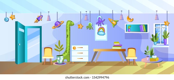 Vector Cartoon Illustration Of Empty Hospital Room For Kids With Furniture, Toys, Window, Open Door, Drawer, Table And Height Chart. Background In Flat Style.