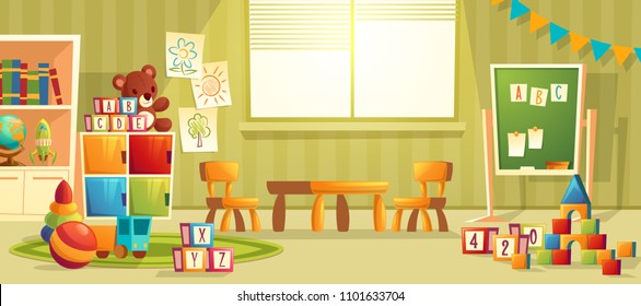 Vector cartoon illustration of empty kindergarten room with furniture and toys for young children. Nursery school for learning kids, modern interior of playroom for fun and playing games