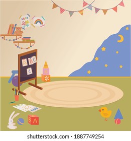 Vector cartoon illustration of empty Kindergarten interior with toys for young children free space for message.