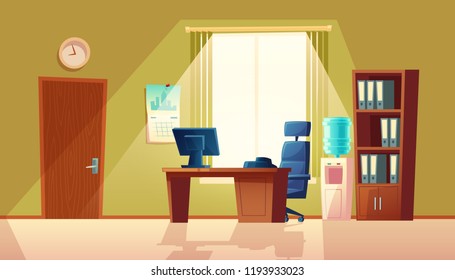 Vector cartoon illustration of empty office with window, modern interior with furniture. Computer on wooden table, folders in closet and black chair. Workplace concept, business area in room.