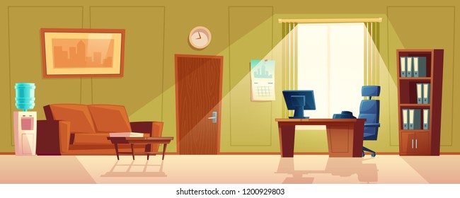 Vector cartoon illustration of empty office, reception desk with window. Modern interior with cooler, sofa for waiting. Computer on wooden table, folders in closet and black chair. Lobby for customers