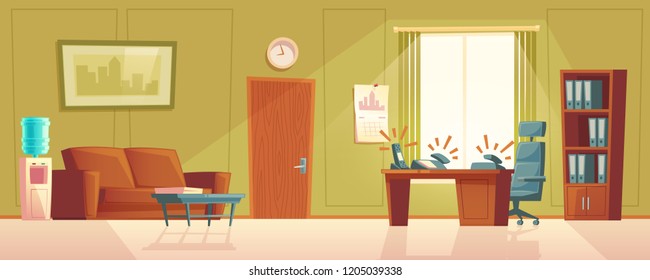 Vector cartoon illustration of empty office with ringing phone, reception desk. Modern interior of foyer with window, sofa for waiting. Computer on table, closet and black chair. Lobby for customers.