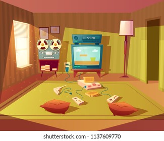 Vector cartoon illustration of empty playroom for children with game 8-bit console, tv screen and joysticks. Kids room for leisure and fun, interior with furniture, green carpet, walls, floor lamp