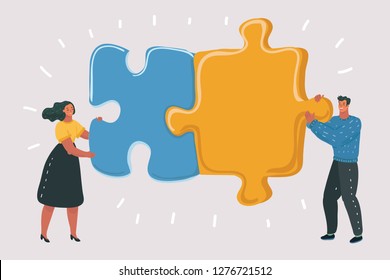 Vector cartoon illustration of Engaged puzzle. Couple concept. Relationship, friendship or coworkers. Man and woman on white isolated background. Vector cartoon illustration of Engaged puzzle. Couple concept. Relationship, friendship or coworkers. Man and woman on white isolated background.