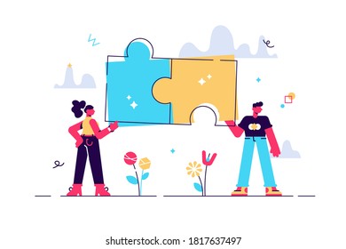 Ilustración de dibujos animados del rompecabezas comprometido. Concepto de pareja. Relación, amistad o compañeros de trabajo. Hombre y mujer con antecedentes blancos aislados.