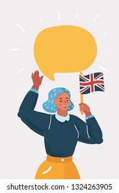 Vector cartoon illustration of English lesson at school - female characters, a woman speaking and waves by hand. Bubble speech above.