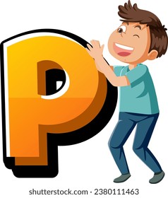 Vector cartoon illustration of English letter P with boy and girl characters