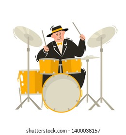Vector cartoon illustration of european jazz, soul musician on drums isolated on white background. Full height portrait of man used for music poster, magazine