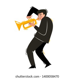 Vector cartoon illustration of european jazz, soul musician with trumpet isolated on white background. Full height portrait of man used for music poster, magazine