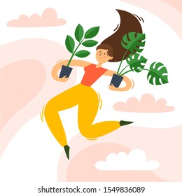 Vector cartoon illustration of european young woman with plants in pots jumping on pink background. Full height portrait of woman used for shop poster, magazine