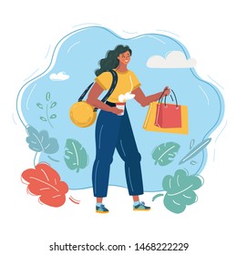 Vector cartoon illustration of excited beautiful girl holding shopping bags isolated on blue background