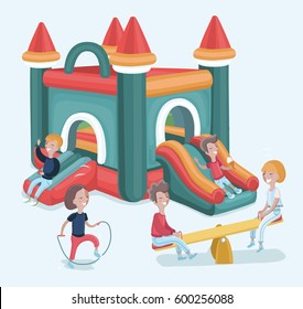 Vector cartoon illustration of excited kids having fun on inflatable attraction playground. Isolated on white background