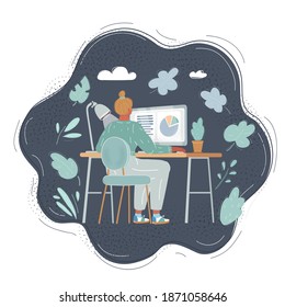 Vector cartoon illustration of exhausted man work at workplace in the office at night. Work overtime on dark.