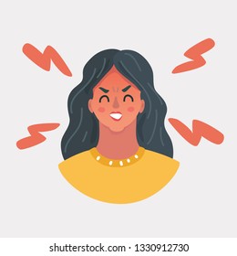 Vector cartoon illustration of face angry girl. Close up portrait on white background.