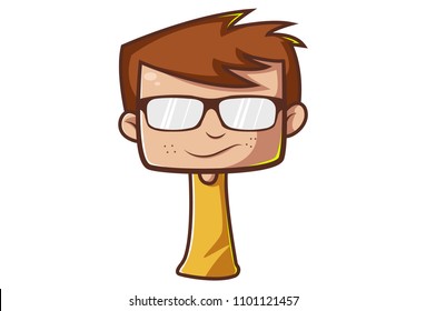 Vector cartoon illustration of a face of a boy with glasses. Isolated on white background.