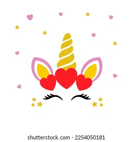Vector cartoon illustration of face of magic animal Unicorn with hearts wreath. Cute unicorn head with flying hearts and stars with copyspace. Romantic unicorn for Valentines day, Birthday card.