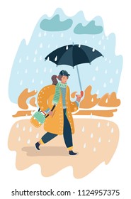 Vector cartoon illustration of fall landscape. Girl walking in the rain with umbrella and yellow coat. Puddle, clouds rain.