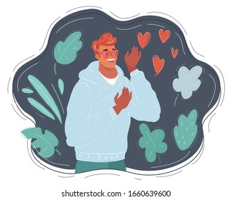 Vector cartoon illustration of fall in love man on white background. Love theme and illusion. Pink heartshape glasses.