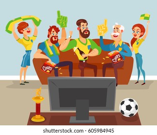 Vector cartoon illustration of a family of football fans watching a football match on TV